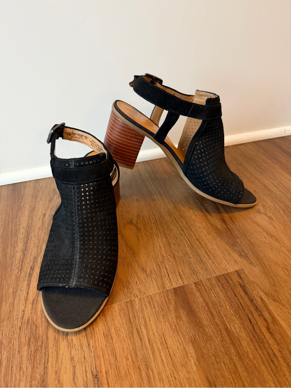 Franco Sarto Black Suede Perforated Open-Toe Block Heel. Size 8M
